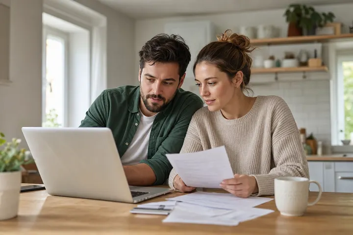 Couple reviewing household paperwork together at a kitchen table